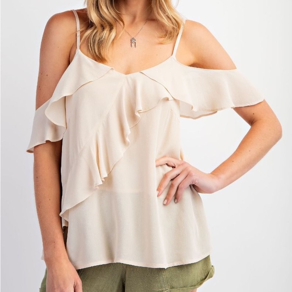 NWT EASEL Bohemian Cream Ruffle Cold Shoulder Top S M L